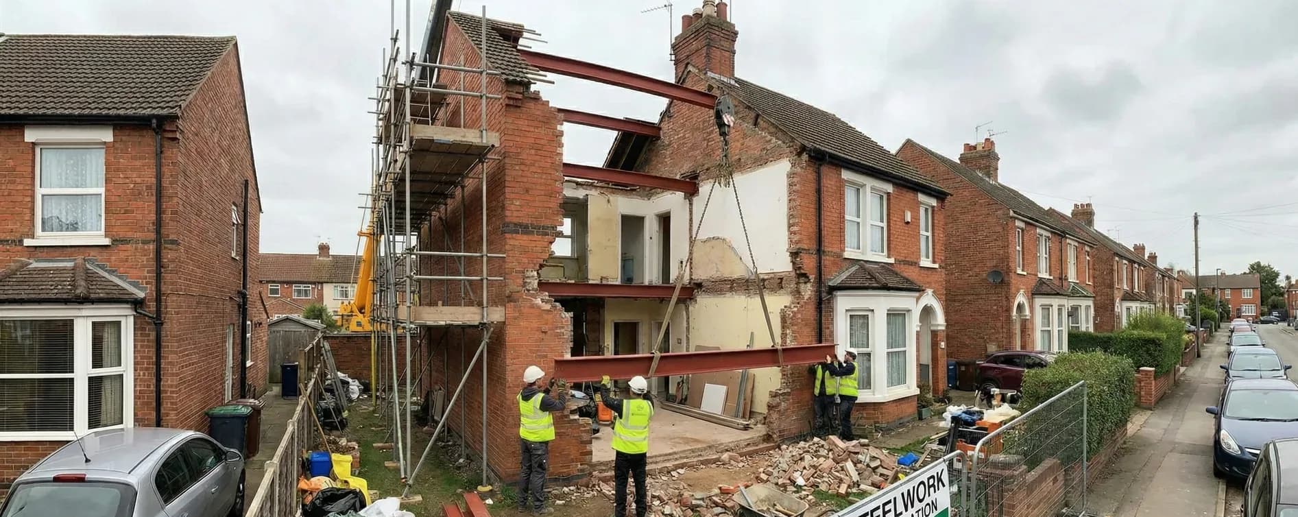 Active construction site with steel beam framework